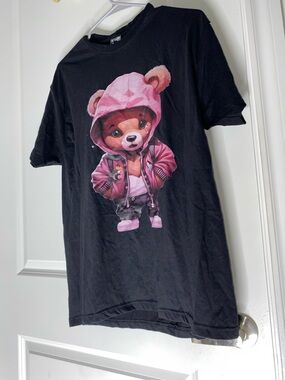 Kids Black Tee with Pink Hoodie Bear Graphic